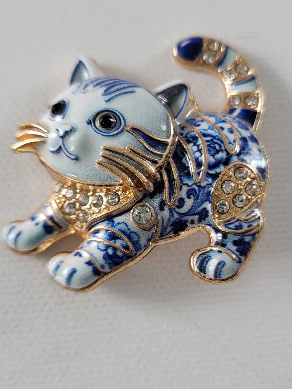 Cute Gold-Trim Blue Ceramic Cat Brooch with Crystal Accents